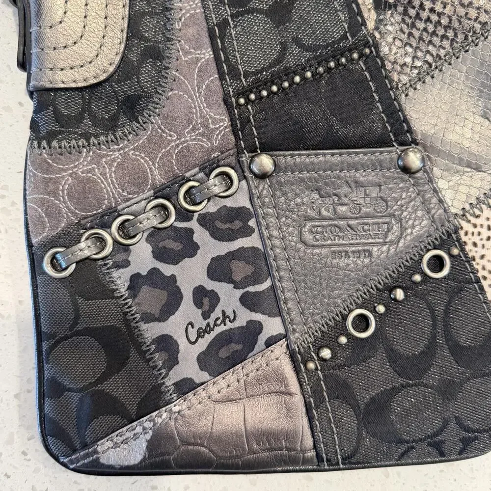 Vtg Coach Patchwork Crossbody Bag Small Black Leopard Leather Studded 42070 Y2K